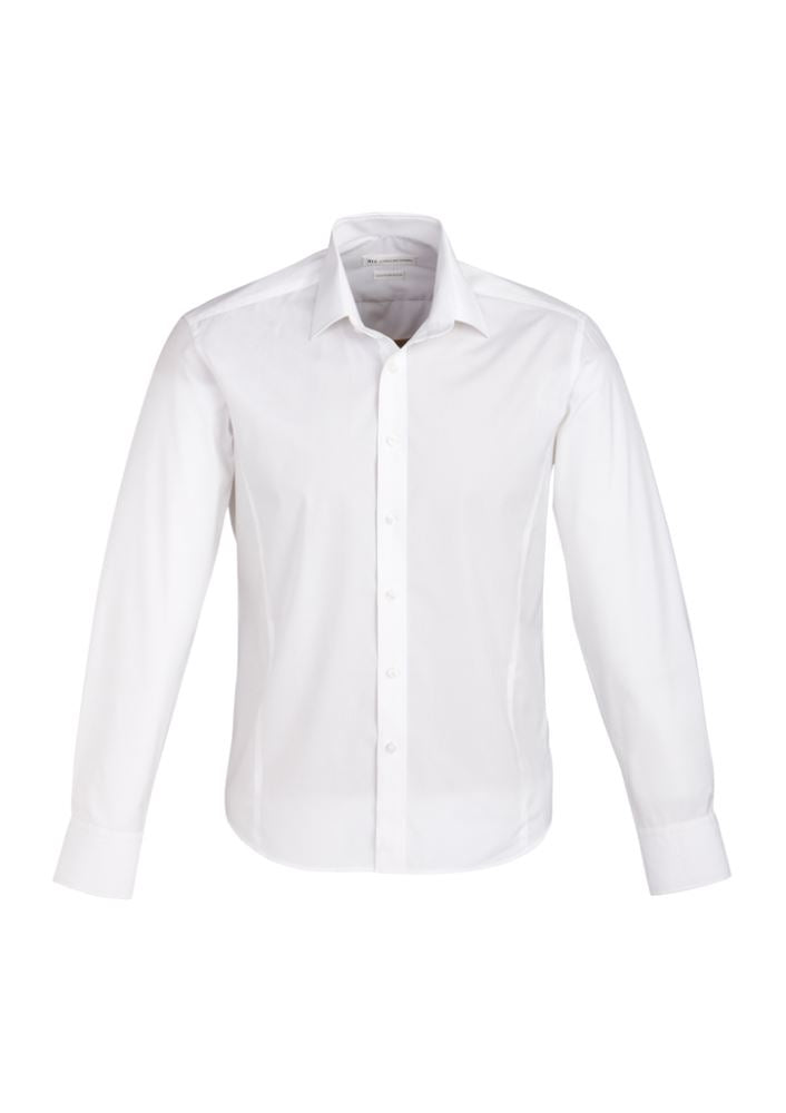 Men's Berlin Long Sleeve Shirt in white, featuring a tapered fit, adjustable cuffs, and easy iron, wrinkle-free fabric. Size S.