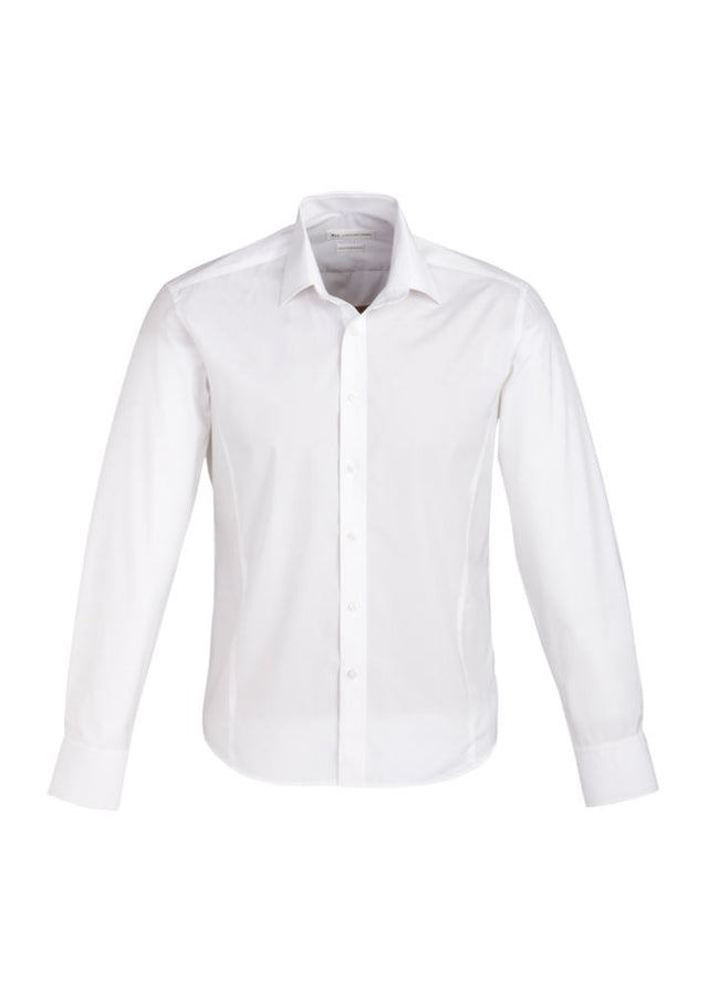 Men's Berlin Long Sleeve Shirt in white, featuring a tapered fit, adjustable cuffs, and easy iron, wrinkle-free fabric. Size S.