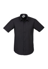 Men's black Berlin short sleeve shirt in 5XL, featuring a tapered fit, yarn-dyed stripe, and easy iron wrinkle-free fabric.