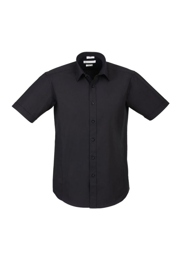 Mens Berlin Short Sleeve Shirt in black, size 6XL, features yarn-dyed stripes and a tailored fit for comfort and style.