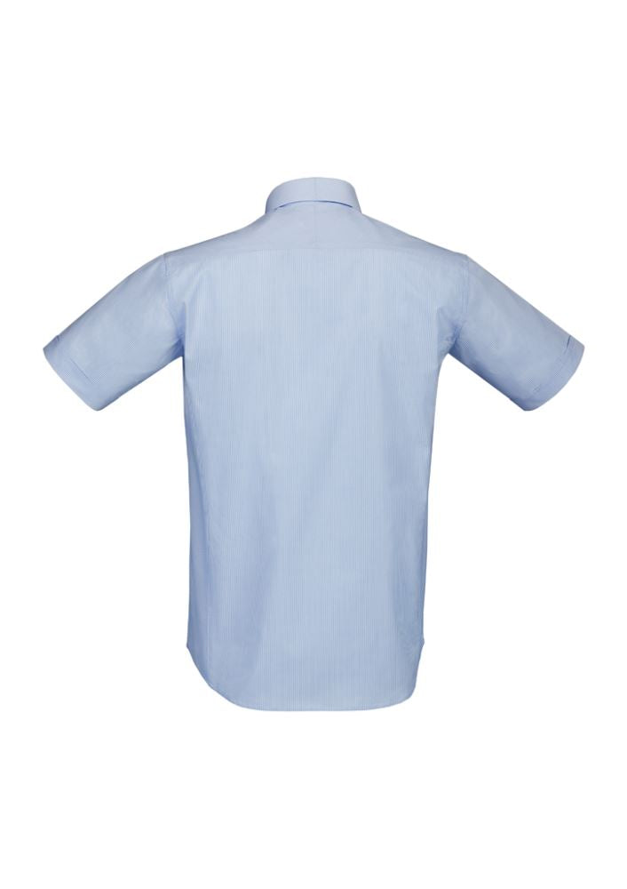 Men's Berlin Short Sleeve Shirt by Biz Collection features breathable fabric, yarn-dyed stripes, and a tapered fit for stylish comfort.