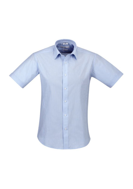 Men's Berlin Short Sleeve Shirt with yarn-dyed stripes, wrinkle-free fabric, and a tapered fit for stylish comfort.
