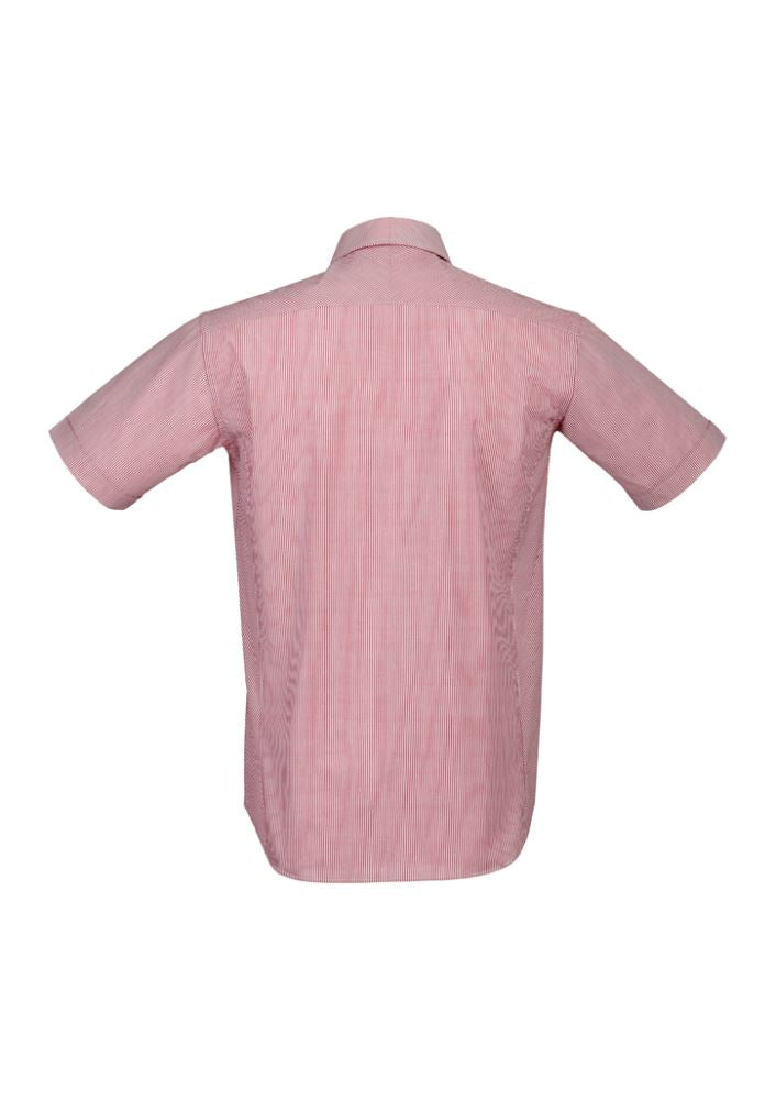 Vibrant cherry short sleeve shirt for men, size 5XL, featuring tapered fit, yarn-dyed stripes, and wrinkle-free fabric.
