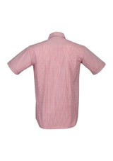 Vibrant cherry short sleeve shirt for men, size 5XL, featuring tapered fit, yarn-dyed stripes, and wrinkle-free fabric.