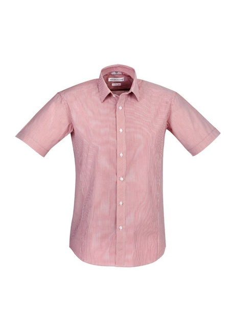 Red cherry short sleeve shirt for men, featuring tapered fit, breathable stretch fabric, and a stylish yarn-dyed stripe pattern.