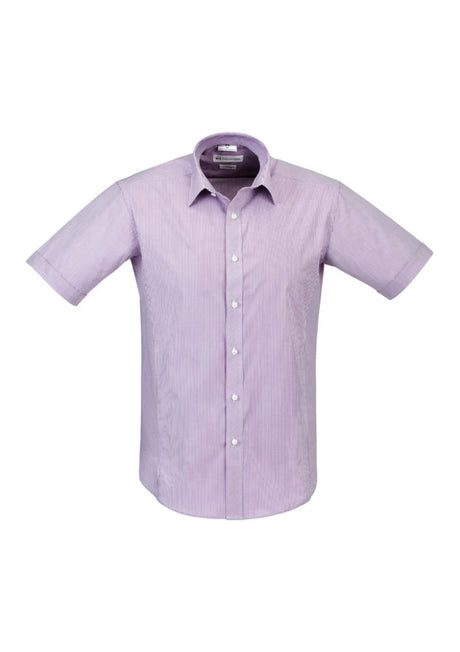 Men's grape striped short sleeve shirt in size XL, featuring a tapered fit, stretch fabric, and easy-care design for stylish comfort.