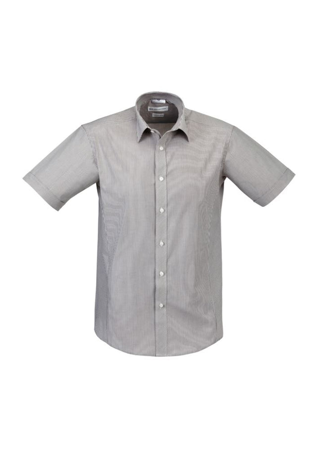 Men's Graphite Stripe Short Sleeve Shirt, size L, featuring stretch fabric, tapered fit, and wrinkle-free technology.