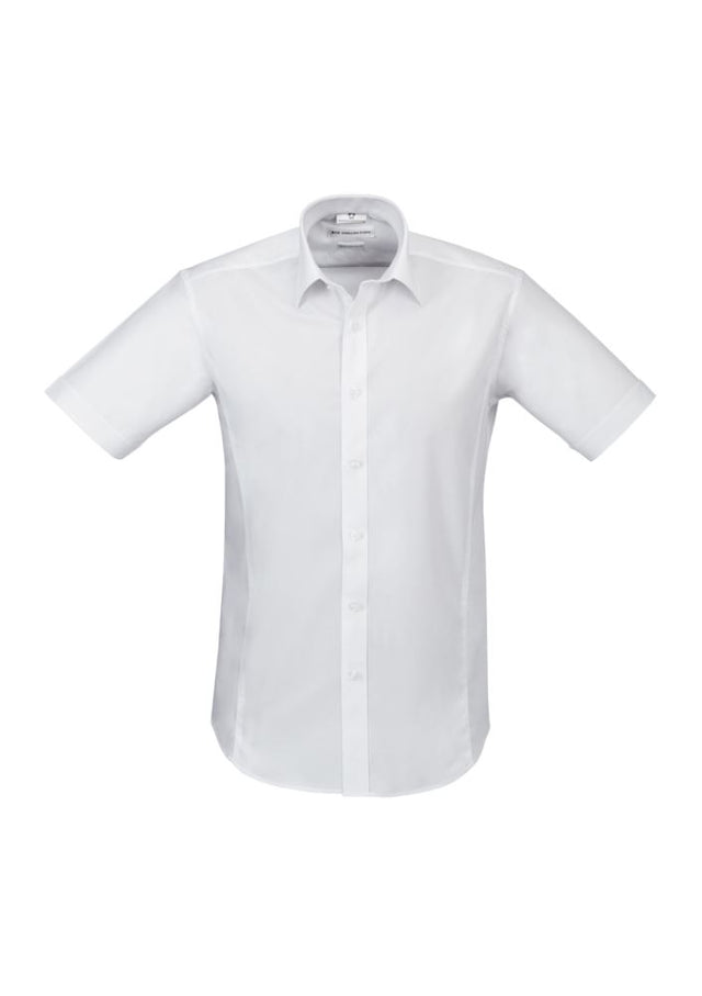 Men's Berlin Short Sleeve Shirt in white, size M, featuring a tapered fit, yarn-dyed stripes, and wrinkle-free fabric.