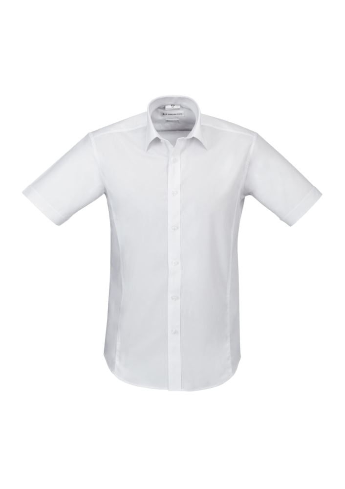Men's Berlin Short Sleeve Shirt in white, size 3XL, featuring a soft, stretchy fabric, tapered fit, and a stylish yarn-dyed stripe.