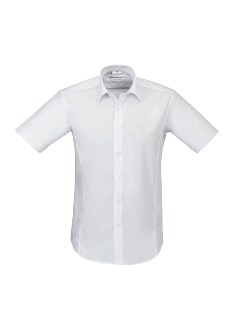 Men's Berlin Short Sleeve Shirt in white, size 4XL, featuring a yarn-dyed stripe design, tapered fit, and easy-care fabric.