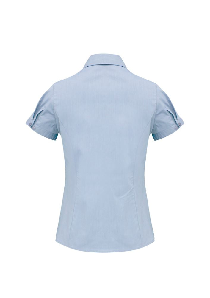 Ladies Chevron Short Sleeve Shirt in blue stripe, size 16, features comfortable stretch fabric and a flattering modern design.