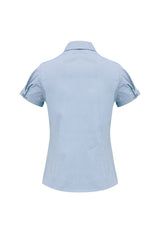 Ladies Chevron Short Sleeve Shirt in blue stripe, size 16, features comfortable stretch fabric and a flattering modern design.