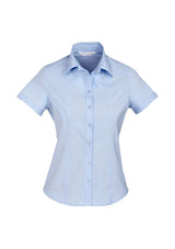Blue stripe short sleeve shirt with chevron pattern, designed for plus-size women, featuring stretch fabric for comfort.