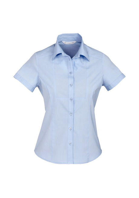 Blue stripe short sleeve shirt with chevron pattern, designed for plus-size women, featuring stretch fabric for comfort.