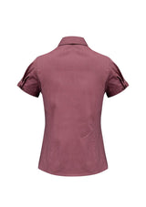 Ladies Chevron Short Sleeve Shirt in Cherry, size 20, featuring a stylish chevron pattern and comfortable stretch fabric.