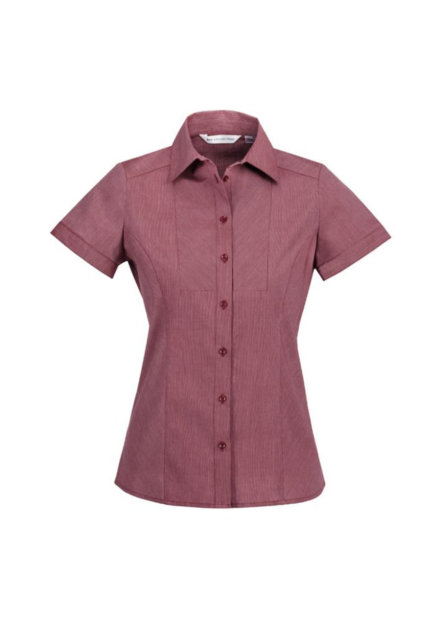 Ladies Cherry Chevron Short Sleeve Shirt, size 10, featuring stylish stripes, shaped panels, and wrinkle-free fabric.