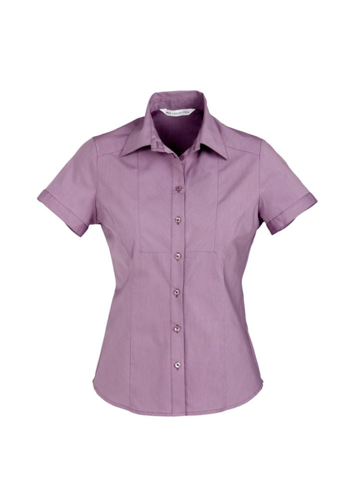 Ladies Chevron Short Sleeve Shirt in Grape Stripe, size 10, featuring chic stripes, tailored fit, and wrinkle-free fabric.