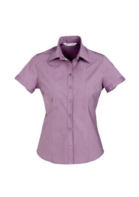 Ladies Grape Stripe Short Sleeve Shirt in Size 24, featuring breathable fabric, flattering fit, and stylish design by Biz Collection.