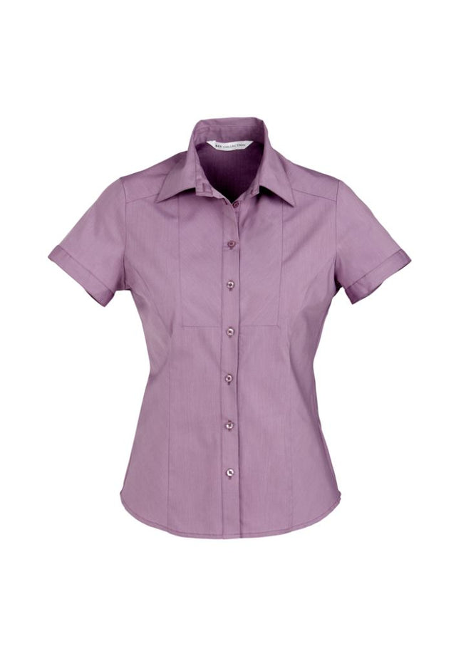 Grape stripe ladies chevron short sleeve shirt, Size 16, featuring fabric blend for comfort and easy-iron, stylish for any occasion.