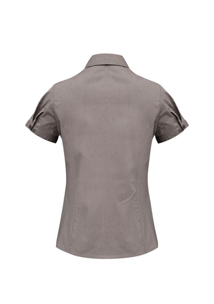 Graphite striped ladies short sleeve shirt, size 14, featuring soft stretch fabric, easy care, and a flattering fit.