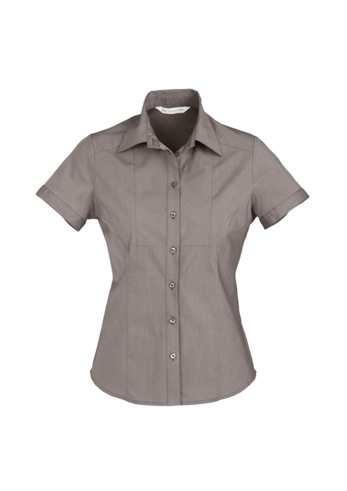 Ladies short sleeve shirt in graphite stripe, size 10, featuring a flattering fit and wrinkle-free fabric for versatile styling.