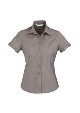 Ladies Chevron Short Sleeve Shirt in Graphite Stripe, Size 22, featuring chic panels and wrinkle-free fabric for effortless style.
