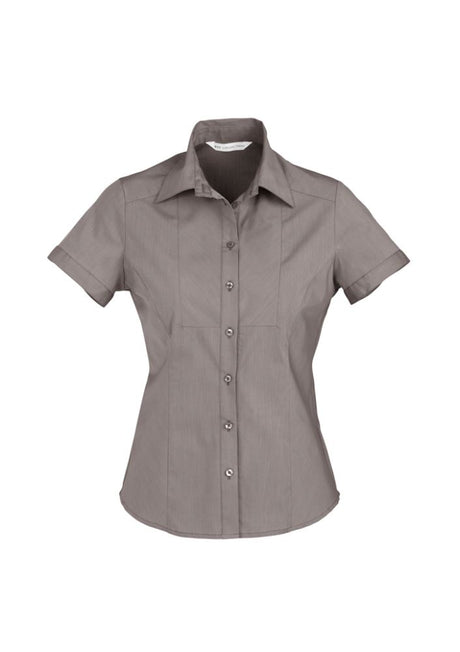 Ladies Chevron Short Sleeve Shirt in Graphite Stripe, Size 22, featuring chic panels and wrinkle-free fabric for effortless style.