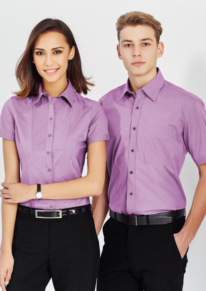 Ladies cherry short sleeve shirt with fine stripe design, shaped side panels, and curved hem for stylish comfort in size 16.