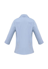 Ladies blue stripe chevron shirt with 3/4 sleeves, adjustable button cuffs, and wrinkle-free fabric, size 6.