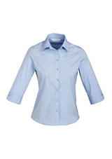Ladies blue stripe chevron shirt, size 12, featuring 3/4 sleeves, shaped panels, and wrinkle-free fabric for a polished look.