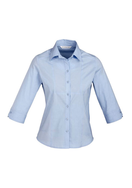 Ladies blue stripe chevron shirt, size 12, featuring 3/4 sleeves, shaped panels, and wrinkle-free fabric for a polished look.