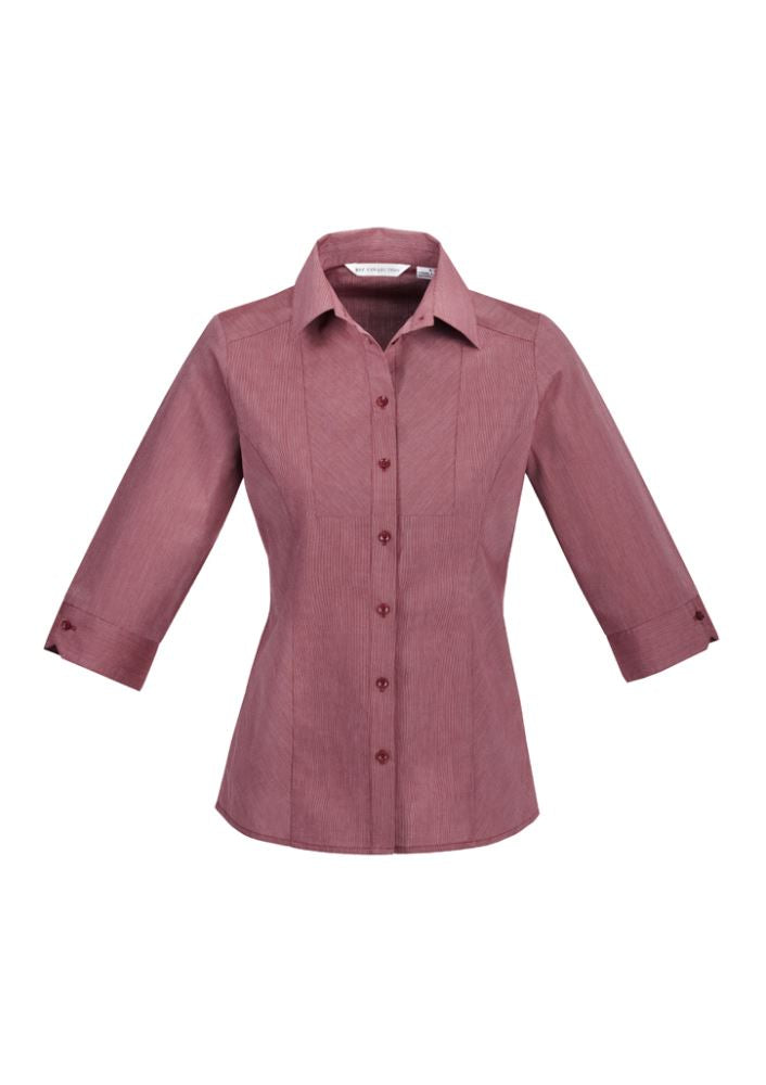 Ladies Cherry Chevron 3/4 sleeve shirt in size 10, featuring a stylish stripe design with adjustable cuffs and a flattering fit.