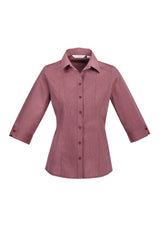Ladies Chevron 3/4 Sleeve Shirt in Cherry, Size 14, featuring stretchy fabric, stylish design, and adjustable cuffs for comfort.