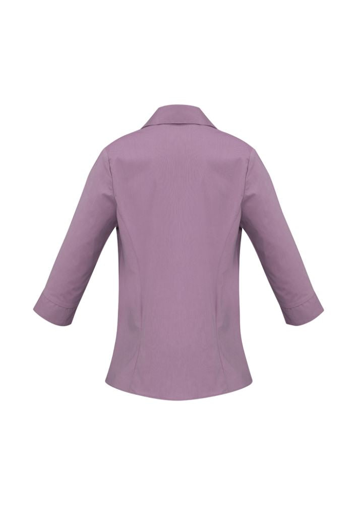 Ladies Grape Stripe 3/4 Sleeve Shirt from Biz Collection featuring a chic silhouette, wrinkle-free fabric, and adjustable button cuffs.