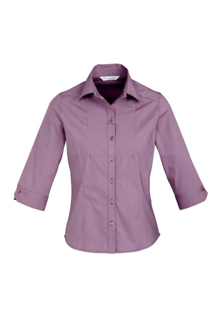 Ladies Grape Stripe Chevron 3/4 Sleeve Shirt, Size 12, featuring stretch fabric and adjustable cuffs for style and comfort.