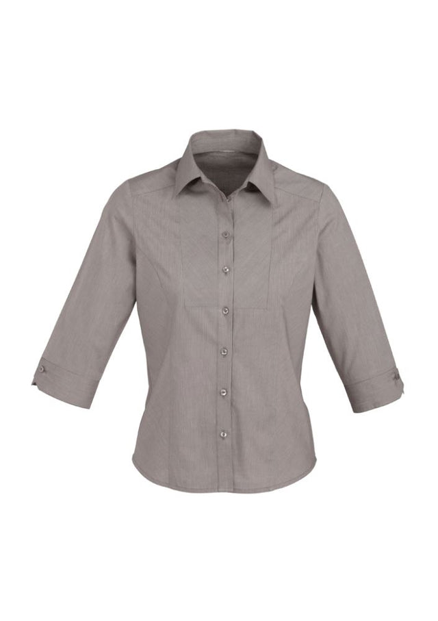 Graphite stripe ladies shirt with 3/4 sleeves, tailored fit, adjustable cuffs, and wrinkle-free fabric for versatile styling.