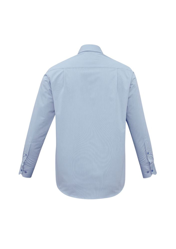 Men's Chevron Long Sleeve Shirt in Blue Stripe, size 4XL, featuring soft stretch fabric, concealed collar, and chic design elements.