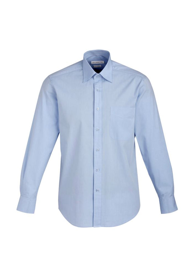 Stylish blue striped men's long sleeve shirt with concealed collar, twin pleats, and adjustable cuffs for comfort and versatility.