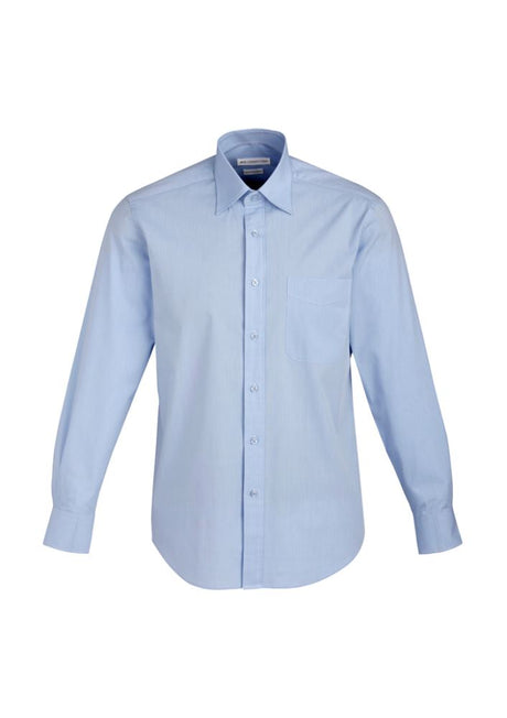 Men's Chevron Long Sleeve Shirt in Blue Stripe, 5XL, featuring stylish design, comfortable stretch, and easy-care fabric.