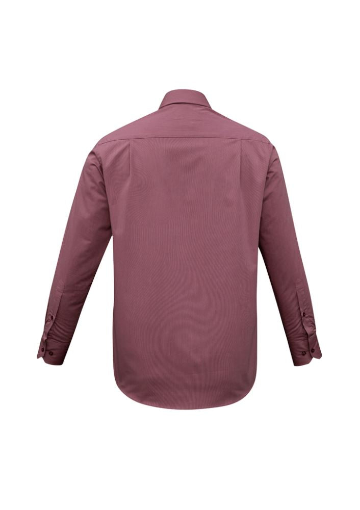 Mens Chevron Long Sleeve Shirt in Cherry, Size L, features a modern pattern, concealed collar, and tailored fit for style and comfort.