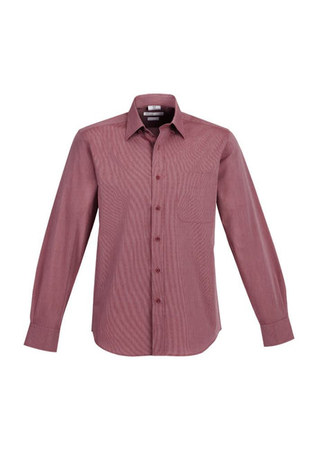 Mens Chevron Long Sleeve Shirt in Cherry, Size L, featuring a modern pattern and tailored fit for versatile styling.