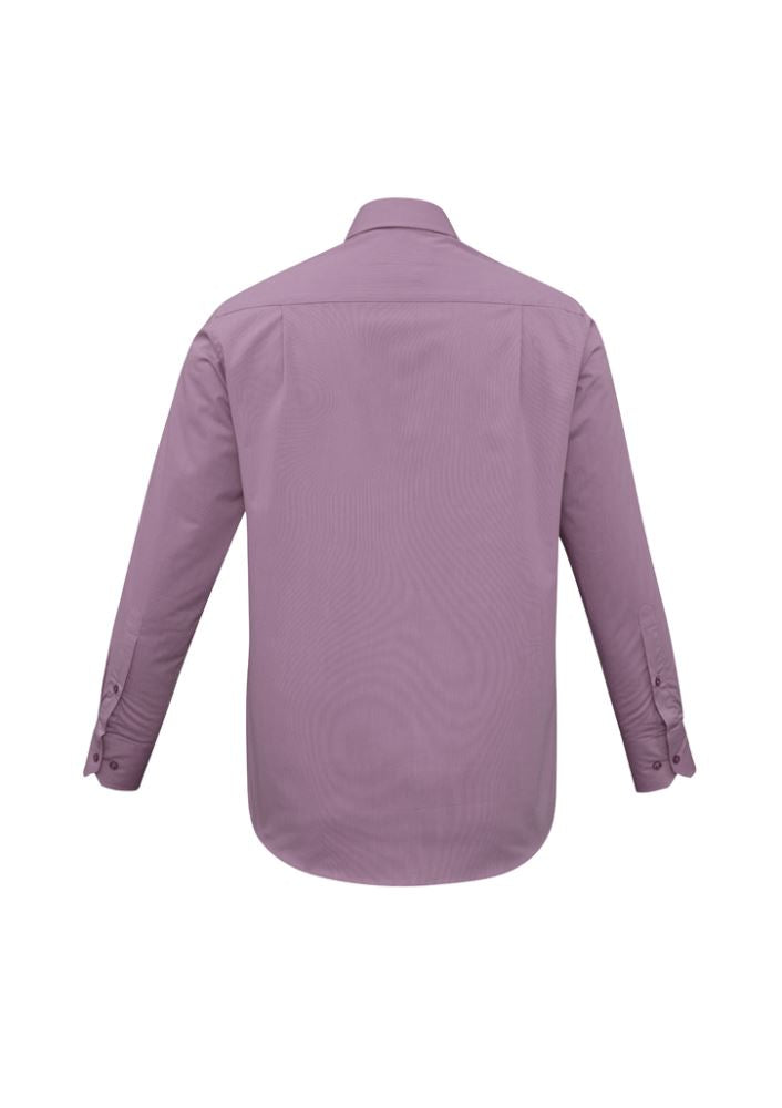 Mens Grape Stripe Long Sleeve Shirt by Biz Collection featuring easy iron fabric, concealed collar, and curved hem, size L.