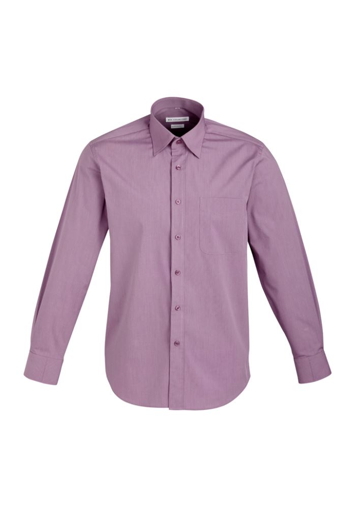 Mens long sleeve shirt in grape stripe featuring a concealed collar, adjustable cuffs, and a modern curved hem. Size L.