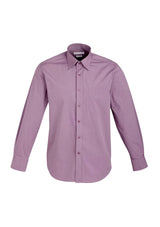 Mens long sleeve shirt in grape stripe featuring a concealed collar, adjustable cuffs, and a modern curved hem. Size L.