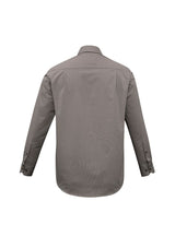 Men's Graphite Stripe Long Sleeve Shirt with concealed collar, wrinkle-free fabric, and adjustable cuffs for stylish comfort.