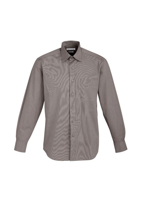 Mens Chevron Long Sleeve Shirt in Graphite Stripe, featuring a concealed collar, wrinkle-free fabric, and adjustable cuffs. Size S.