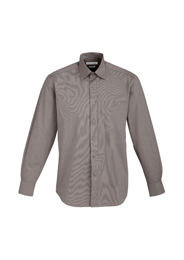 Men's Graphite Stripe Chevron Long Sleeve Shirt in XL, featuring stretch fabric, concealed collar, and wrinkle-free design.