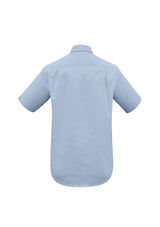 Men's blue stripe short sleeve shirt, XL size, featuring concealed collar, easy-iron fabric, and modern curved hem design.