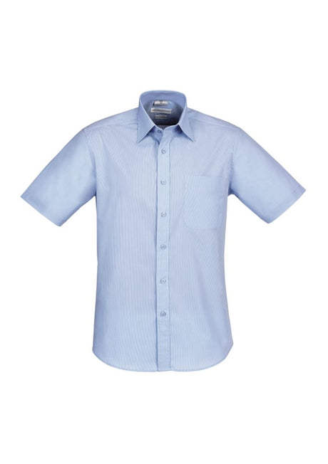 Men's 2XL Chevron Short Sleeve Shirt in blue stripe, featuring easy-iron fabric, concealed collar, and curved hem for stylish comfort.