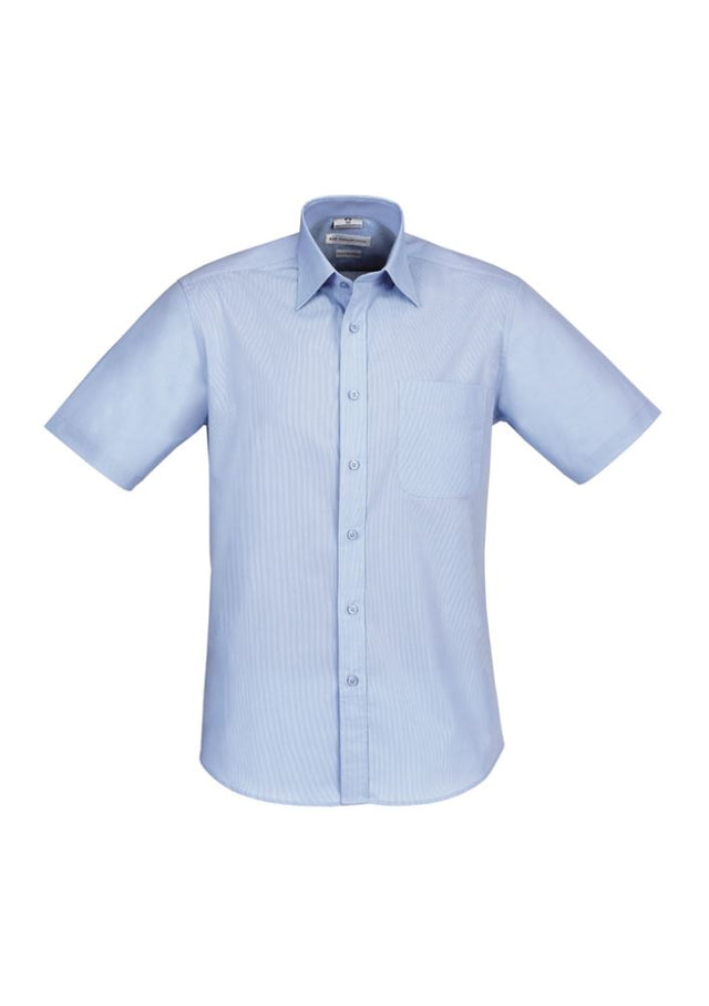 Men's Chevron Short Sleeve Shirt in blue stripe, 5XL size, featuring a concealed collar and easy-iron fabric for comfort.
